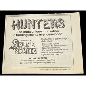 Skunk Skreen Print Ad Vintage 1980 Hunters Camoflage Scent College Station TX